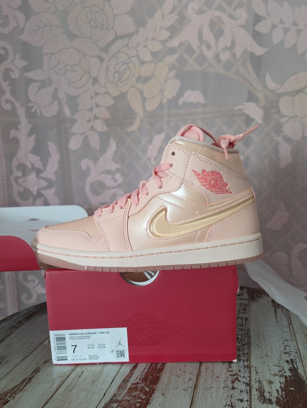 Jordan Women’s High-Top Sneakers in Blush Pink with Metallic Gold Swoosh